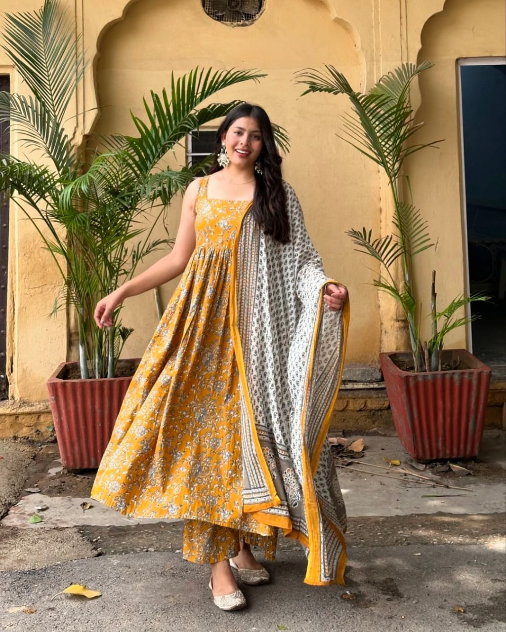 Yellow Anarkali Kurta Set With Angrakha For Women