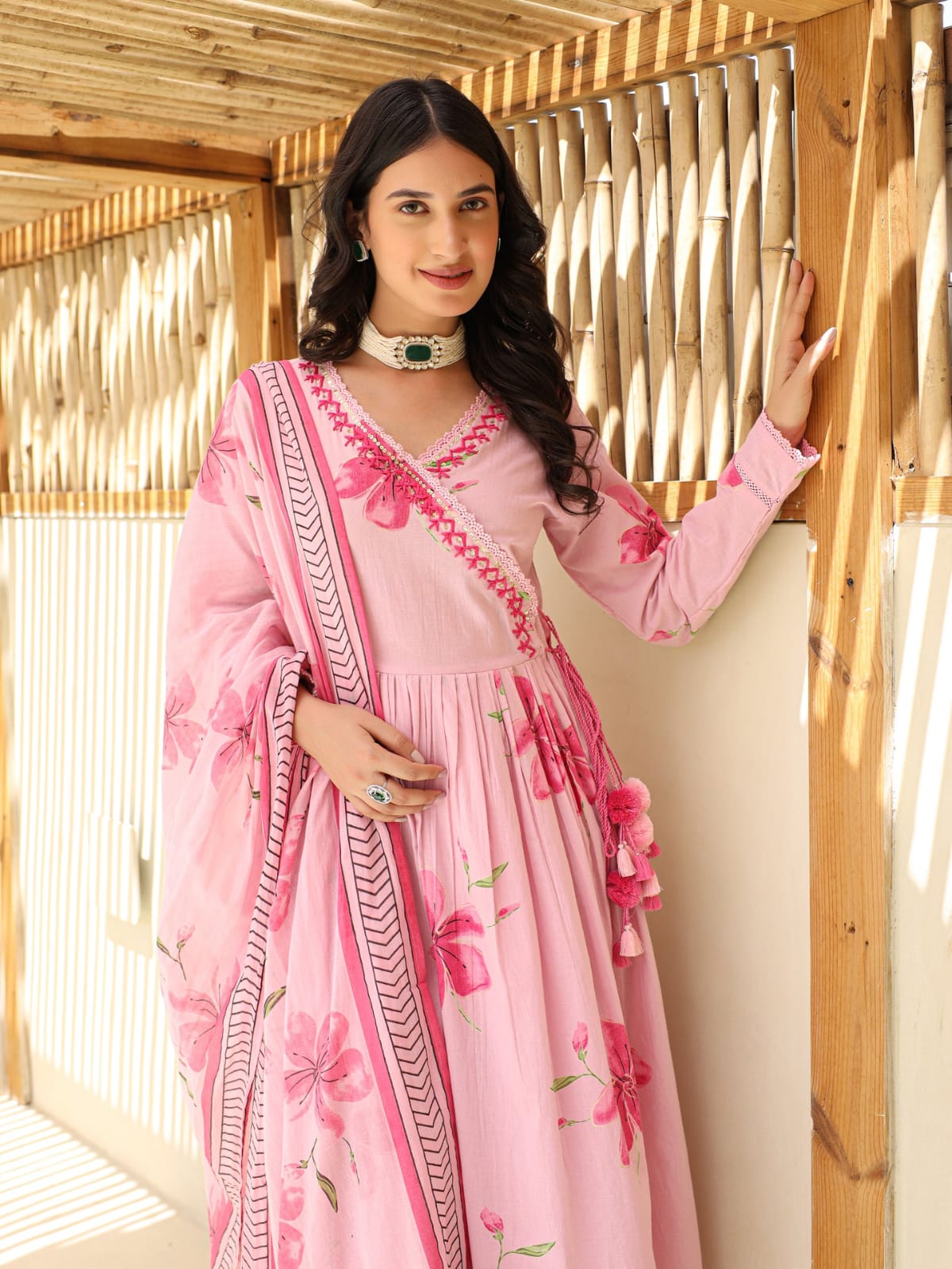 Anarkali Kurta Set With Angrakha Style For Women (Pink)