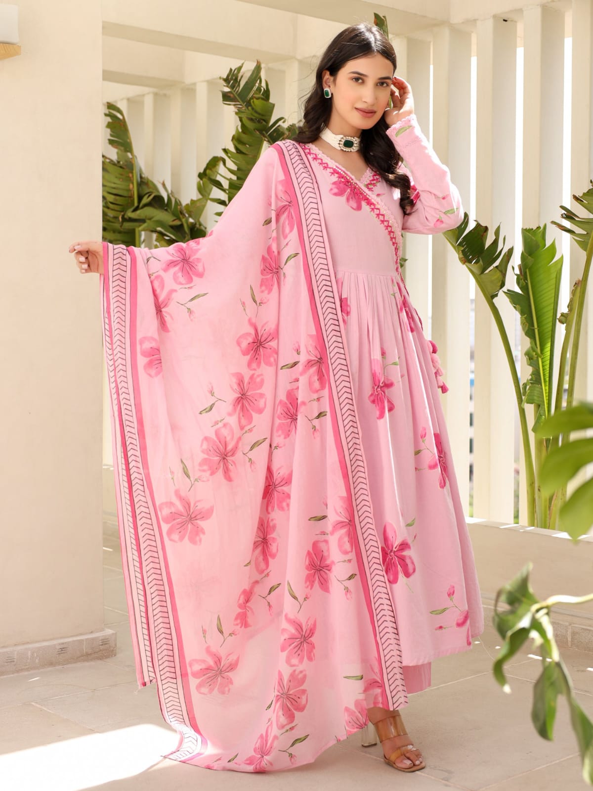 Anarkali Kurta Set With Angrakha Style For Women (Pink)