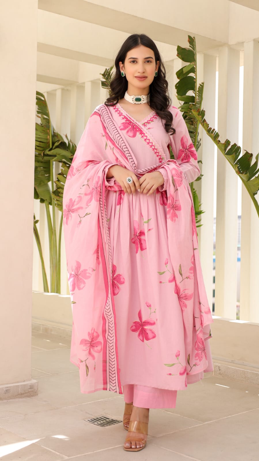 Anarkali Kurta Set With Angrakha Style For Women (Pink)