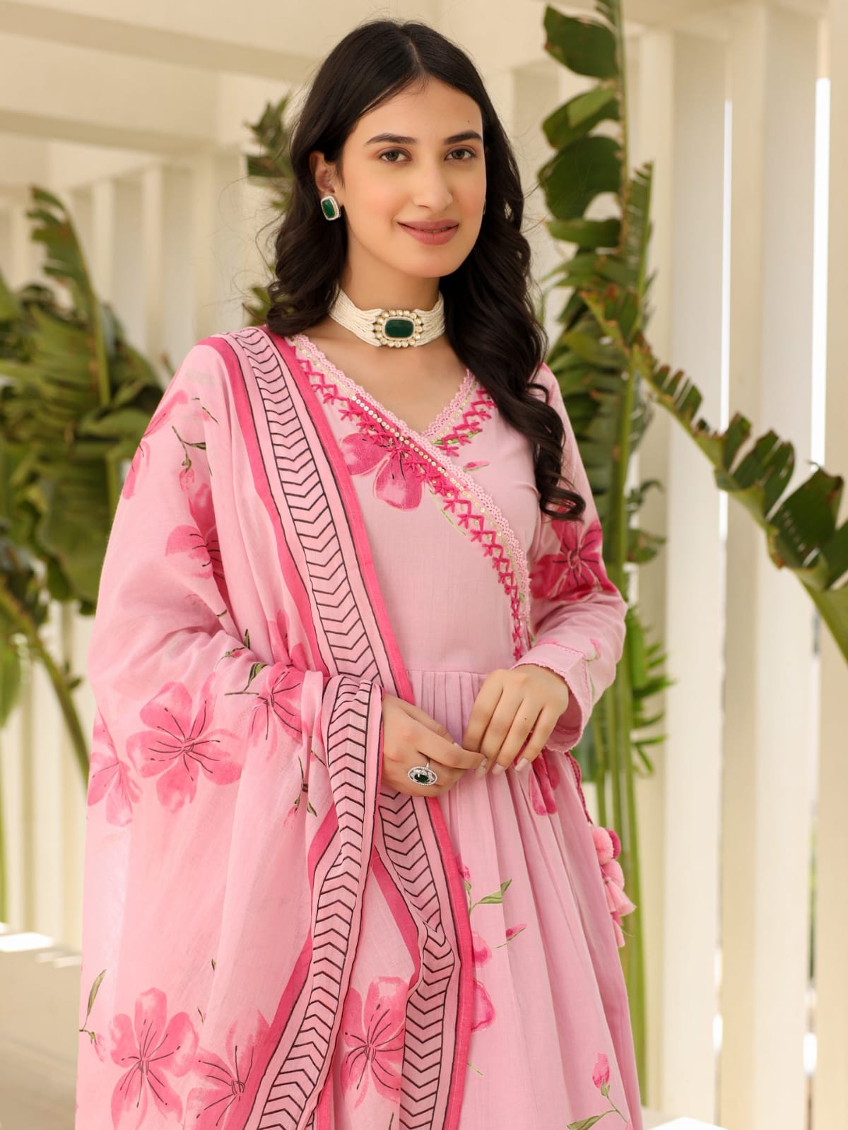 Anarkali Kurta Set With Angrakha Style For Women (Pink)