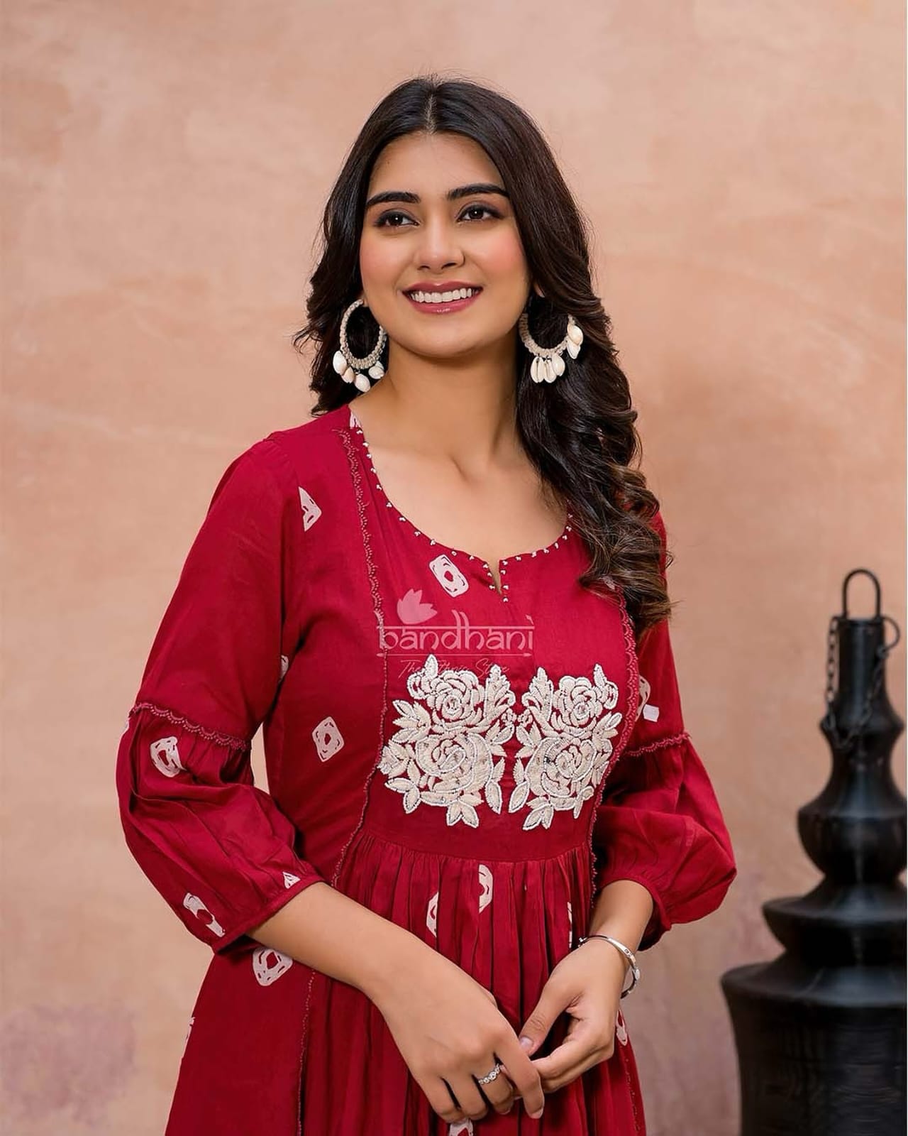 Red Cotton Flared Women Suit