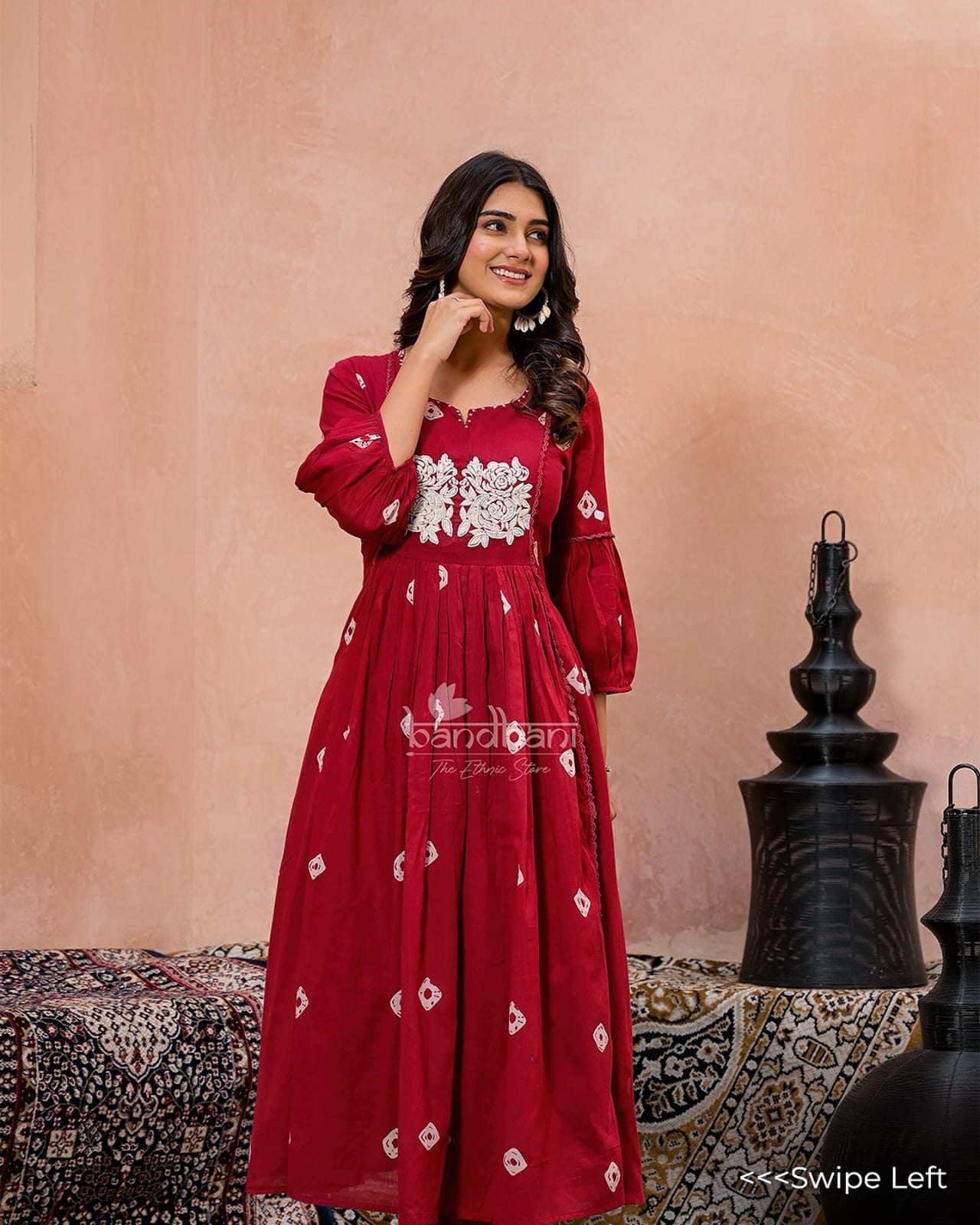 Red Cotton Flared Women Suit