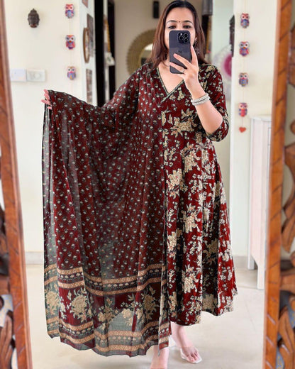 Anarkali Kurta Set With Angrakha Style For Women(MAROON)