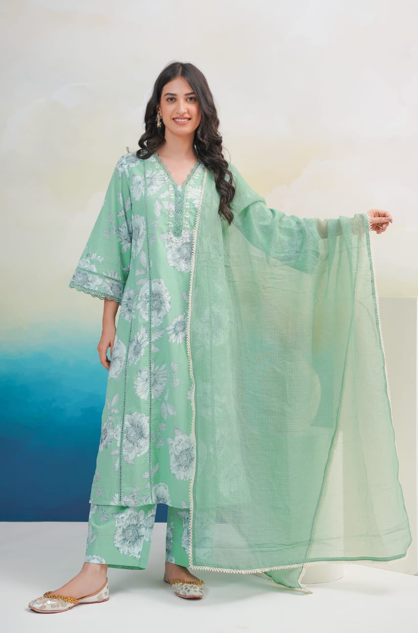 Women Cotton Printed Kurta ,Pant And Dupatta Set