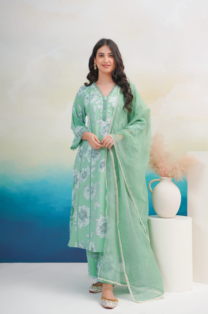 Women Cotton Printed Kurta ,Pant And Dupatta Set