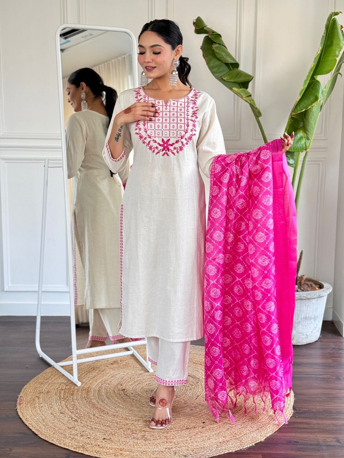 Khadi Cotton Embroidered Kurta with Pant & Silk Dupatta Set For Women