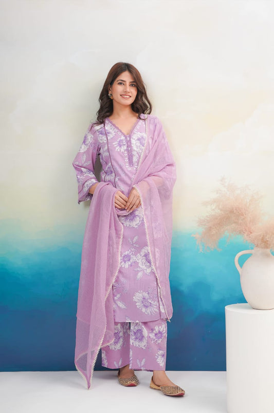 Women Cotton Printed Kurta ,Pant And Dupatta Set