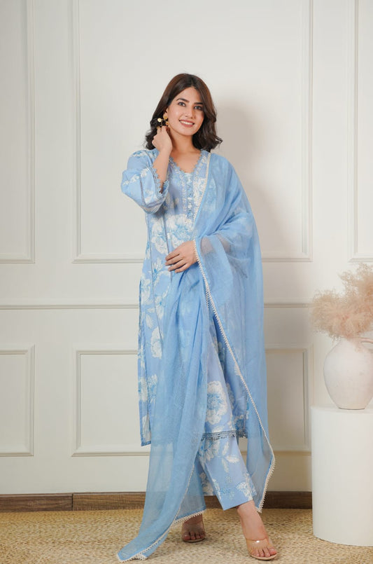 Women Cotton Printed Kurta ,Pant And Dupatta Set (Sky Blue)