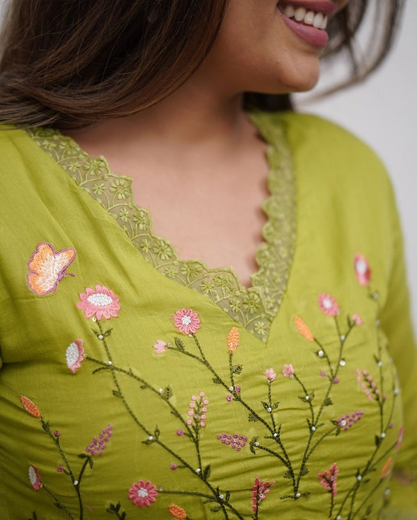 Beautiful Embroidery and Sequence Work Set For Women (Green)