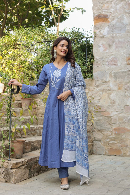 Blue Cotton Anarkali Set Women Suit