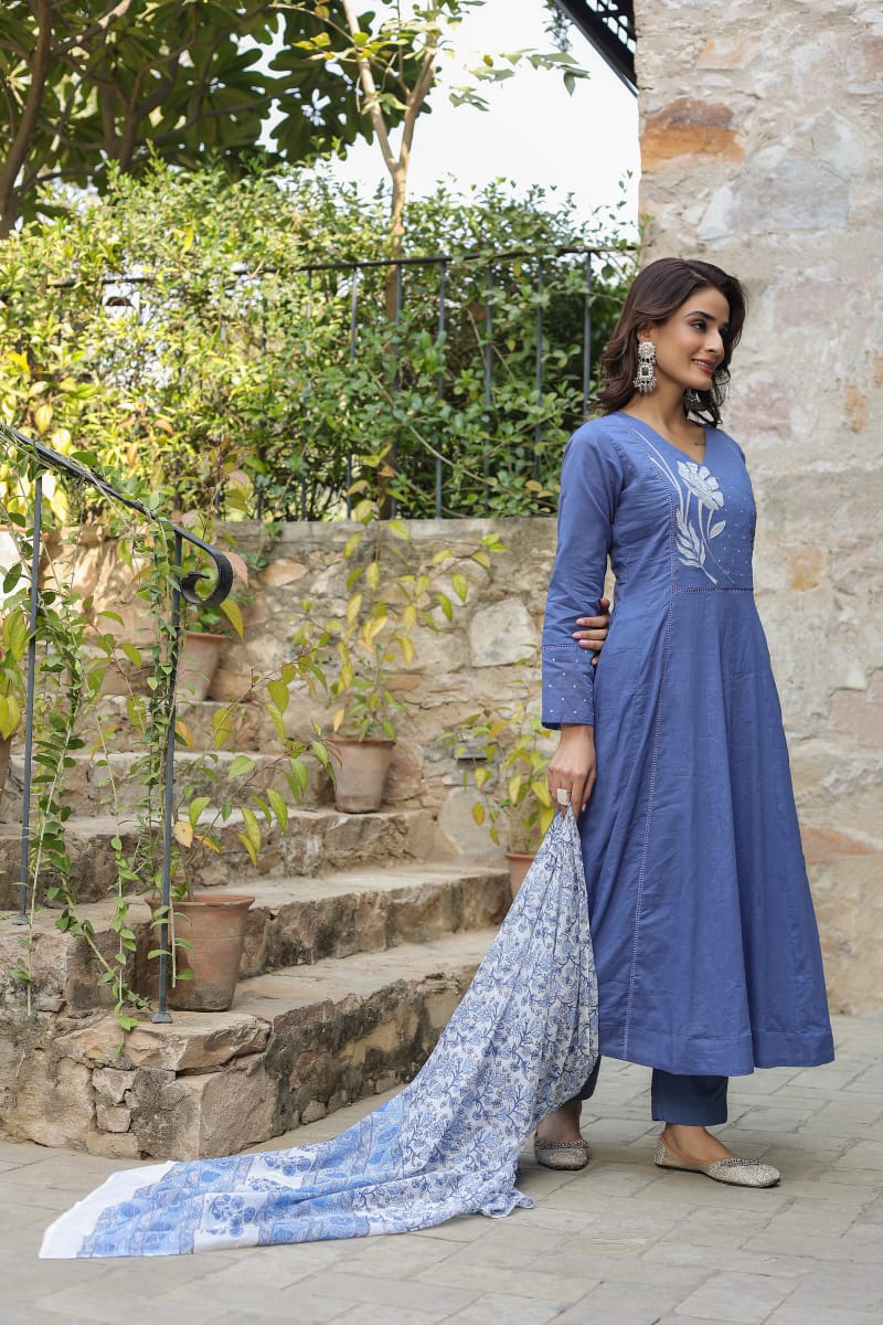 Blue Cotton Anarkali Set Women Suit