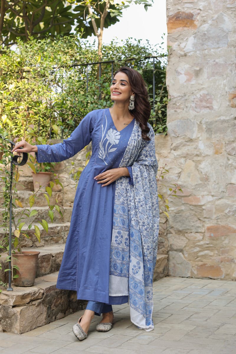 Blue Cotton Anarkali Set Women Suit