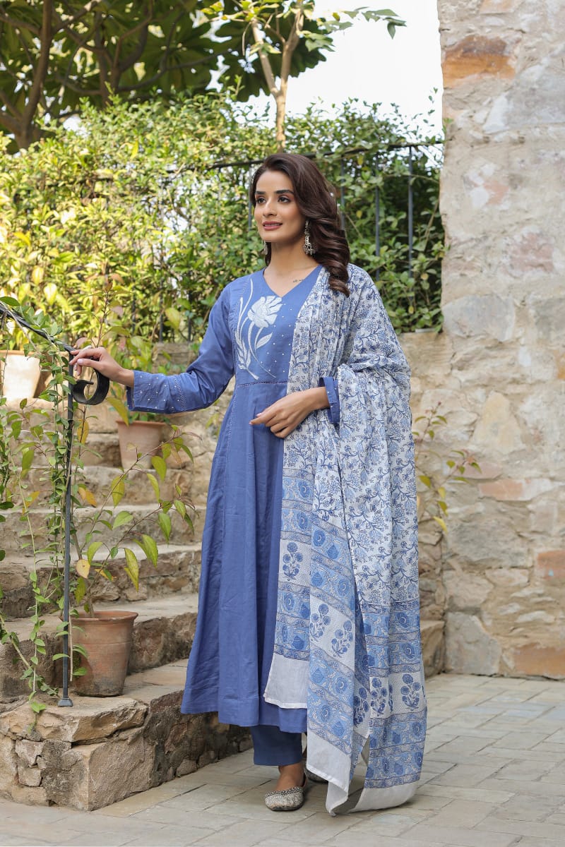 Blue Cotton Anarkali Set Women Suit