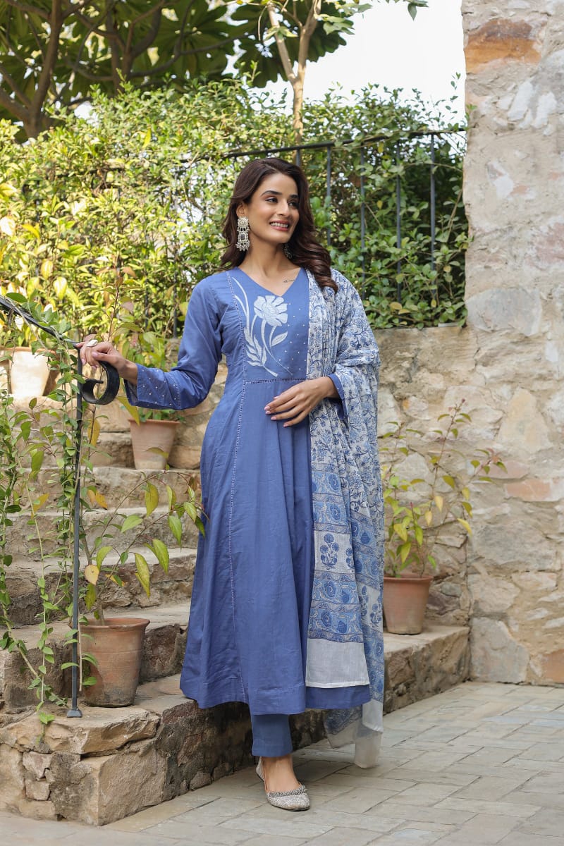 Blue Cotton Anarkali Set Women Suit