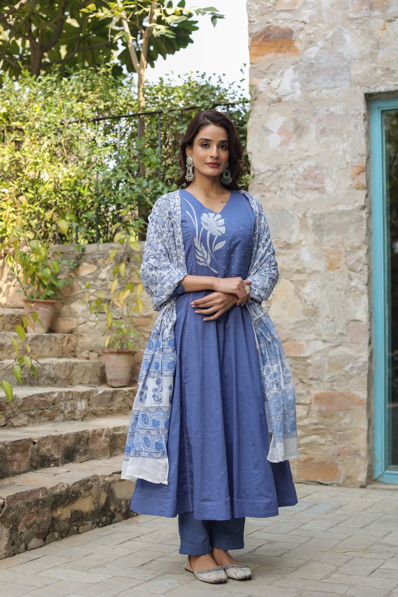 Blue Cotton Anarkali Set Women Suit