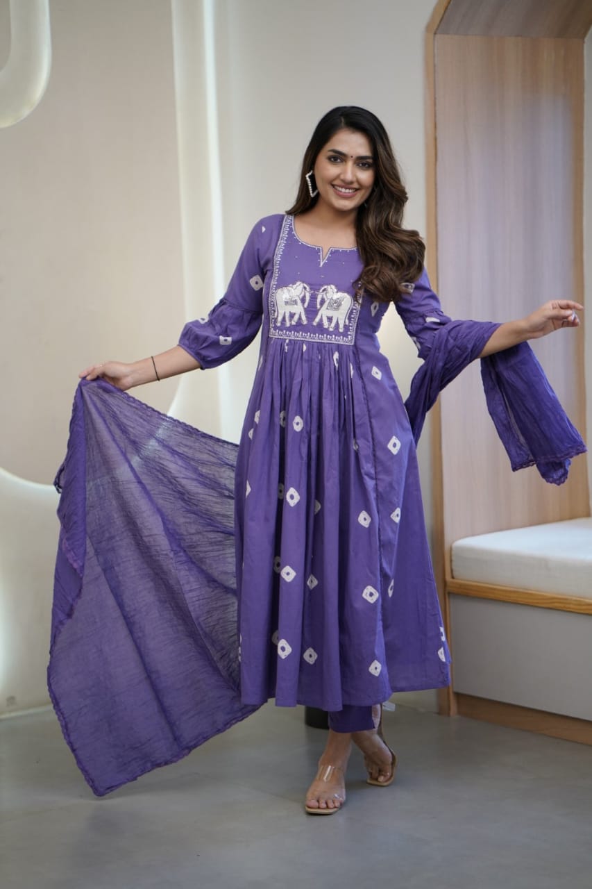 Pruple Cotton Flared Women Suit