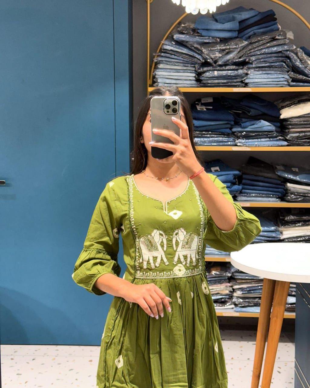 Green Cotton Flared Women Suit