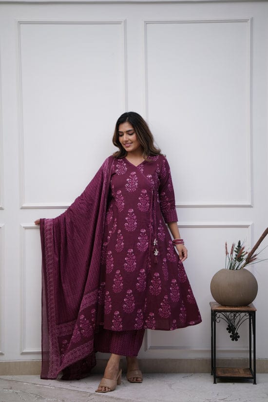 Anarkali Kurta Set With Angrakha Style For Women(Maroon)