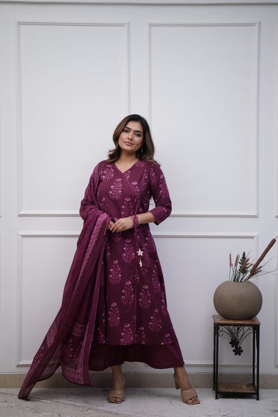 Anarkali Kurta Set With Angrakha Style For Women(Maroon)