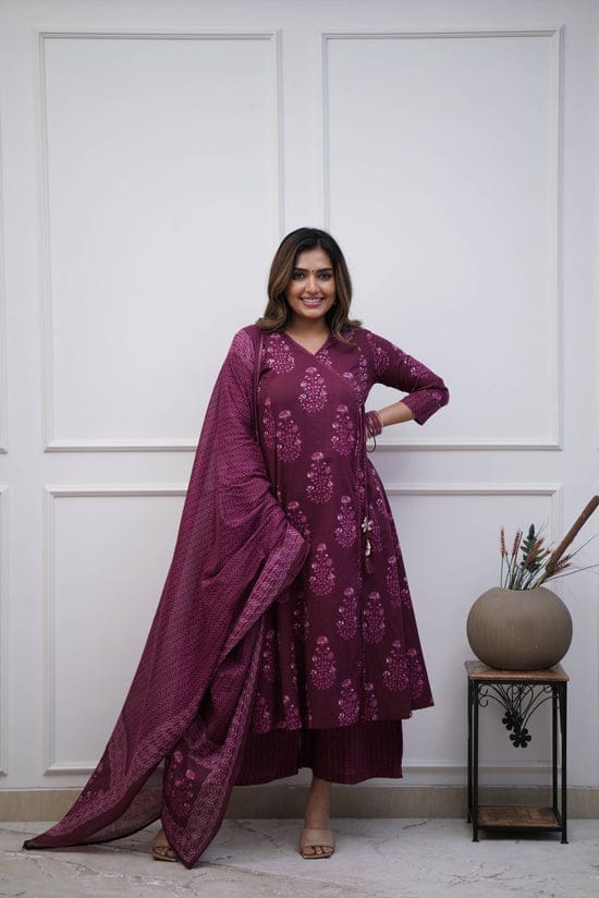 Anarkali Kurta Set With Angrakha Style For Women(Maroon)