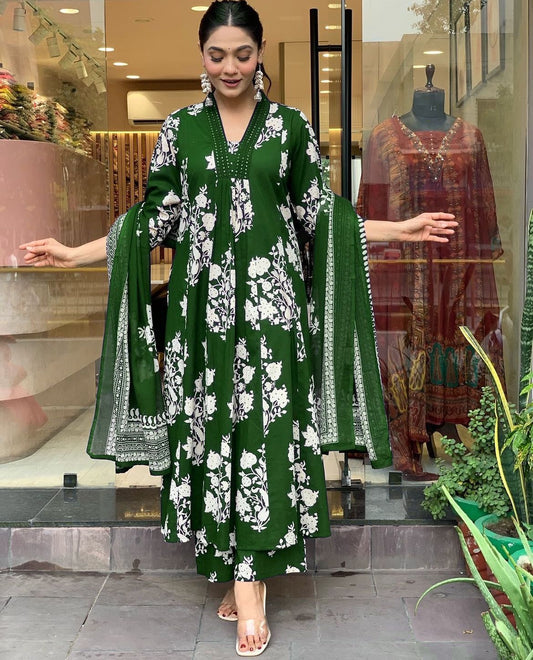 Royal Dark Green Cotton Printed Kurta Pant Dupatta Set