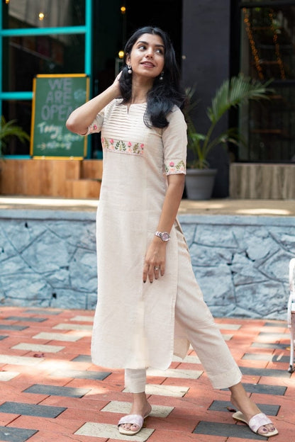 Off White Kurti Combination With Pant Set