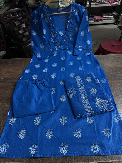 Dark Blue Designer Handblock Print Kurti Pant and Dupatta Set