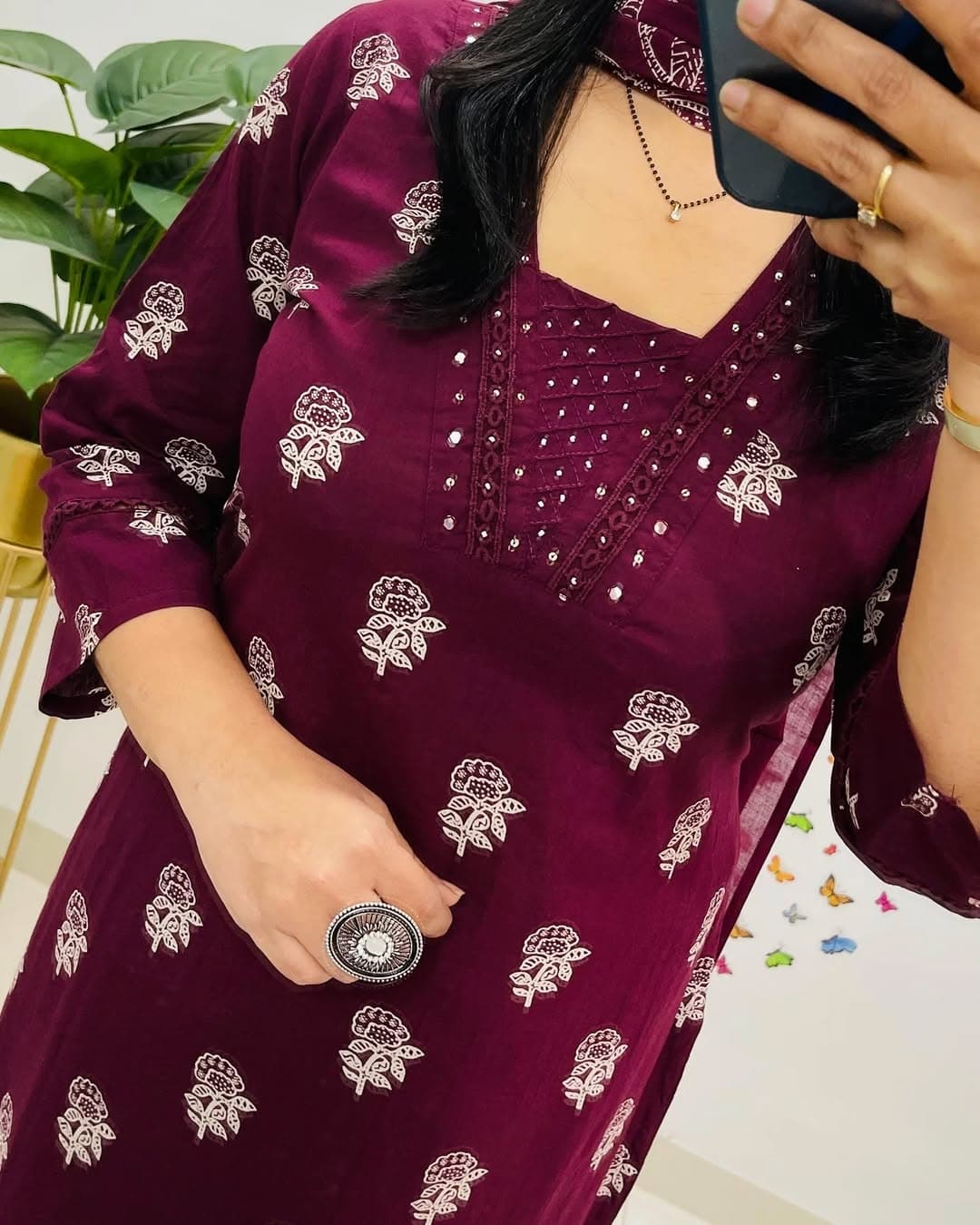 Maroon Designer V-Neck Block Pattern Kurti Pant & Dupatta Set