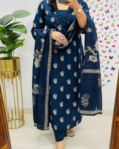 Dark Blue Designer Handblock Print Kurti Pant and Dupatta Set