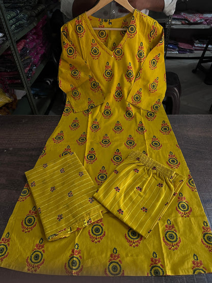 Yellow Kalamkari Fusion Azrak Bagru Print Kurti Pant and Dupatta Set