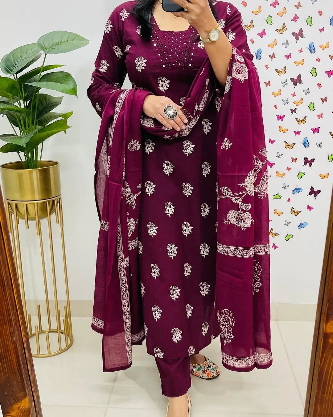 Maroon Designer V-Neck Block Pattern Kurti Pant & Dupatta Set