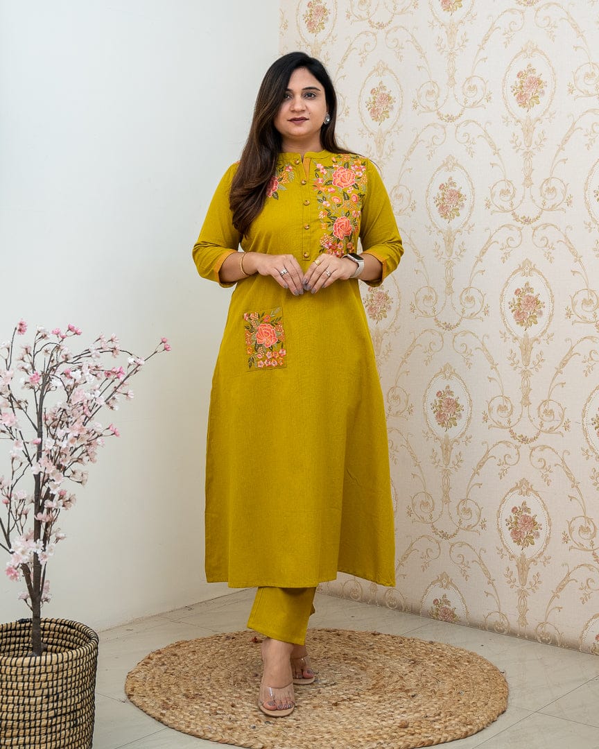 Yellow Round Neck Duet Cotton Kurti Set