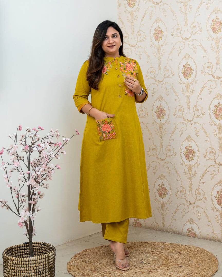 Yellow Round Neck Duet Cotton Kurti Set