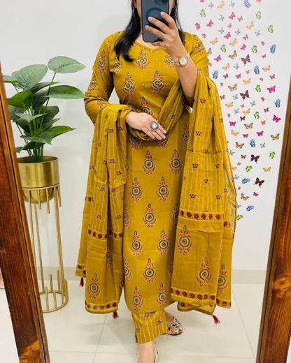 Yellow Kalamkari Fusion Azrak Bagru Print Kurti Pant and Dupatta Set