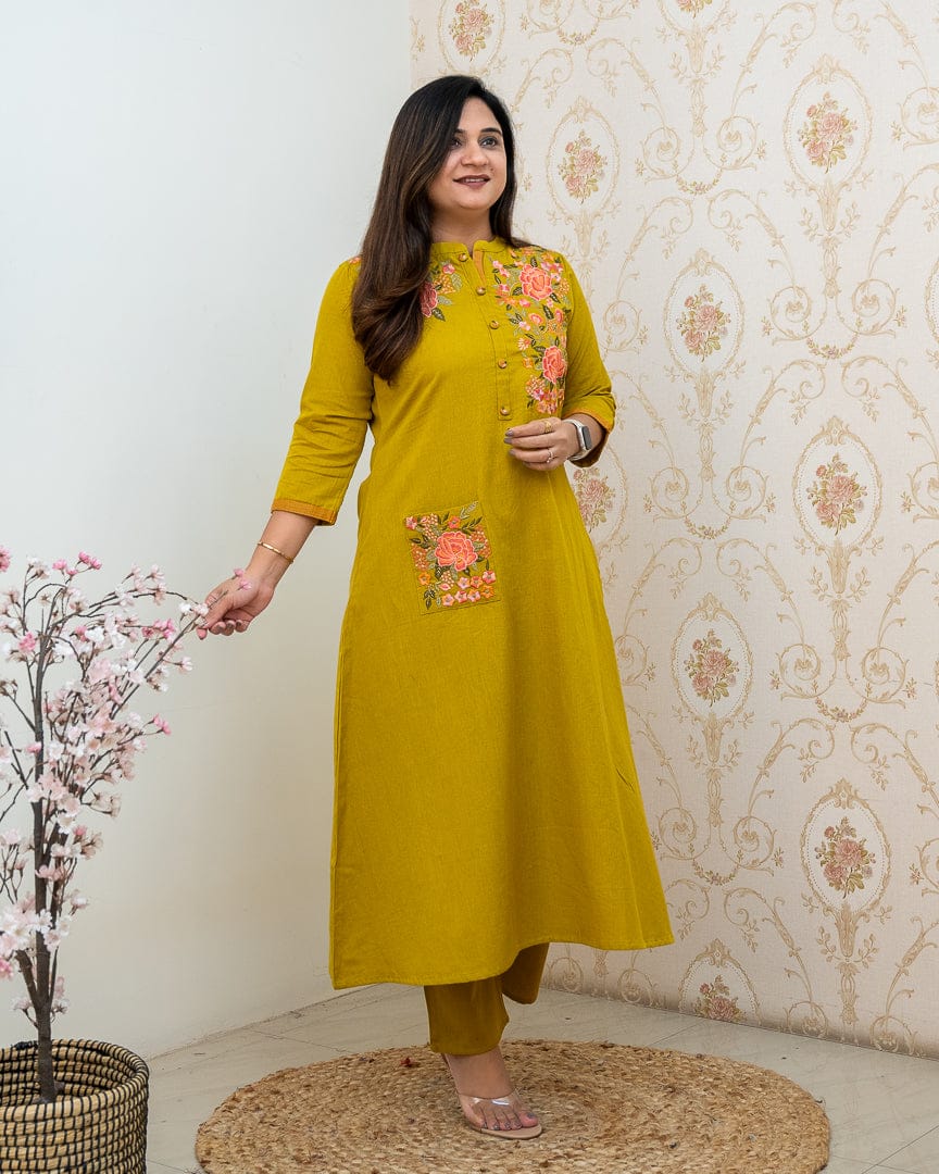 Yellow Round Neck Duet Cotton Kurti Set
