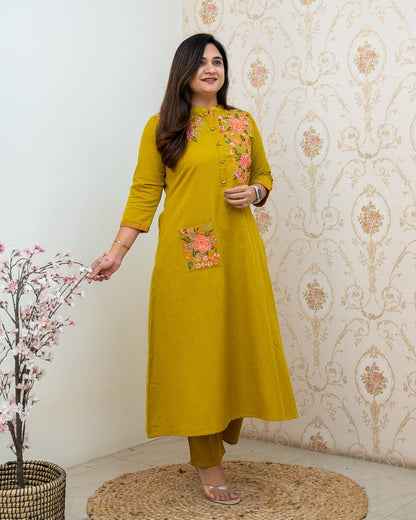 Yellow Round Neck Duet Cotton Kurti Set