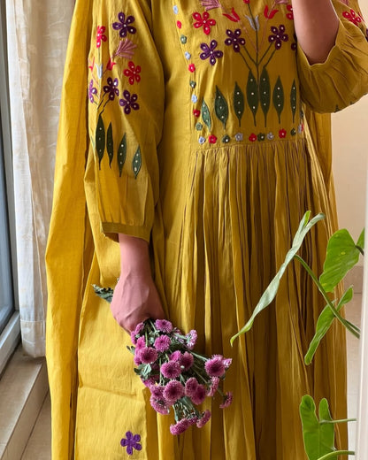 Yellow Embroidery Work Kurta Pant and Dupatta Set