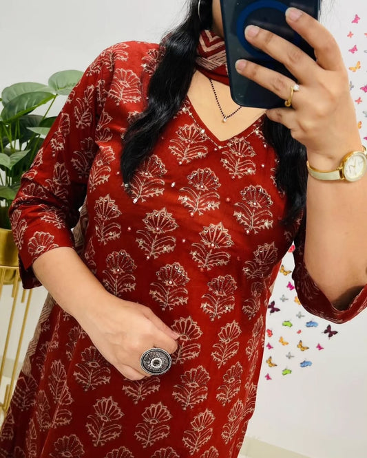 Red Kalamkari Designer Suit with Fusion Azrak Print Kurti Pant Dupatta Set