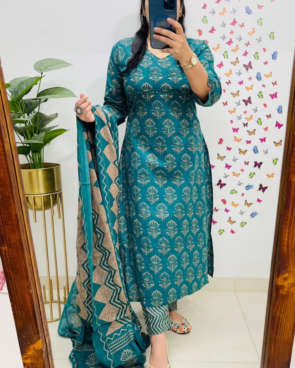 Teal Green Kalamkari Designer Suit with Fusion Azrak Print Kurti Pant Dupatta Set