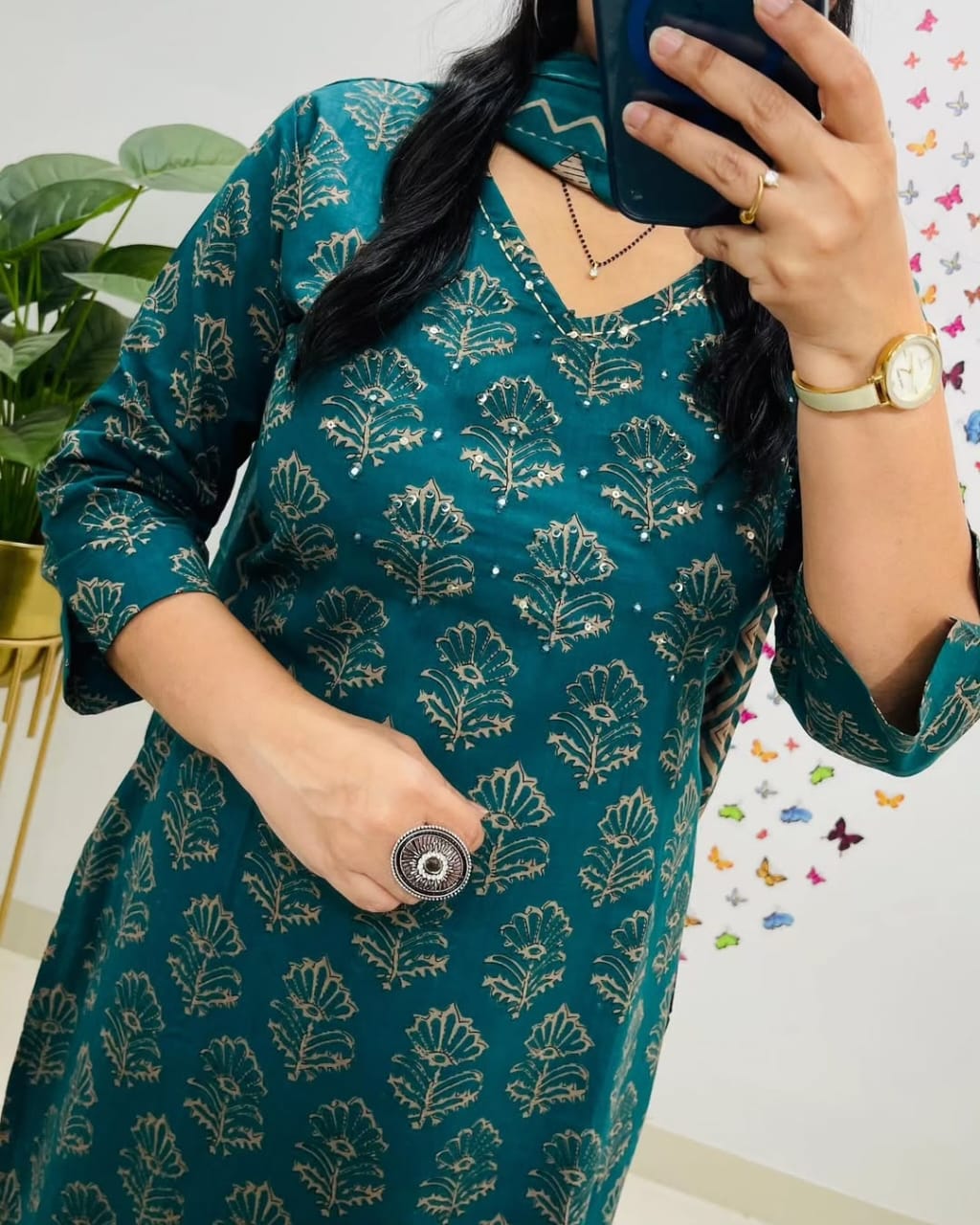 Teal Green Kalamkari Designer Suit with Fusion Azrak Print Kurti Pant Dupatta Set