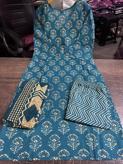 Teal Green Kalamkari Designer Suit with Fusion Azrak Print Kurti Pant Dupatta Set