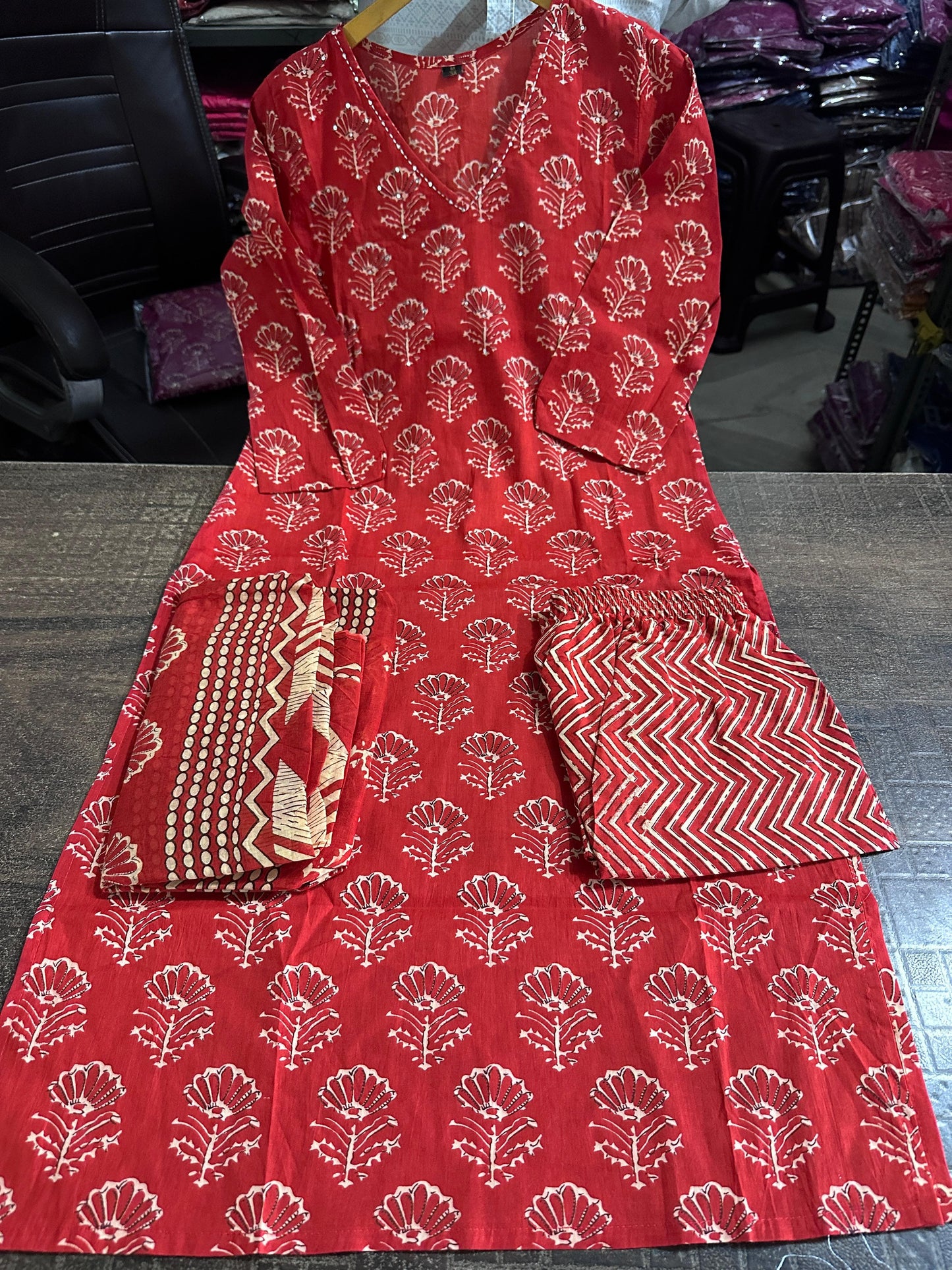 Red Kalamkari Designer Suit with Fusion Azrak Print Kurti Pant Dupatta Set