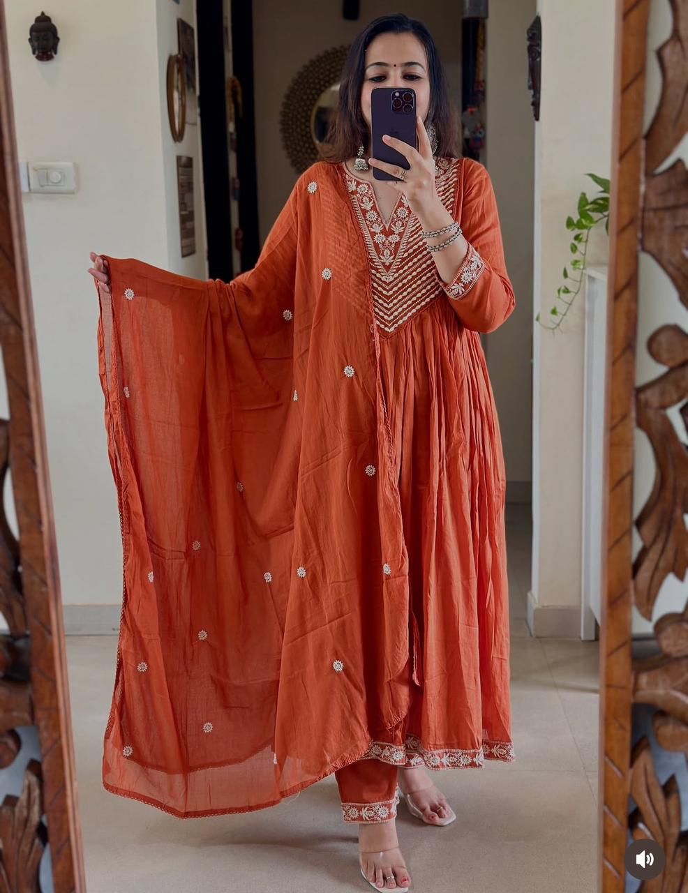 Rust Orange Embroidered Cotton Anarkali Set with Dupatta