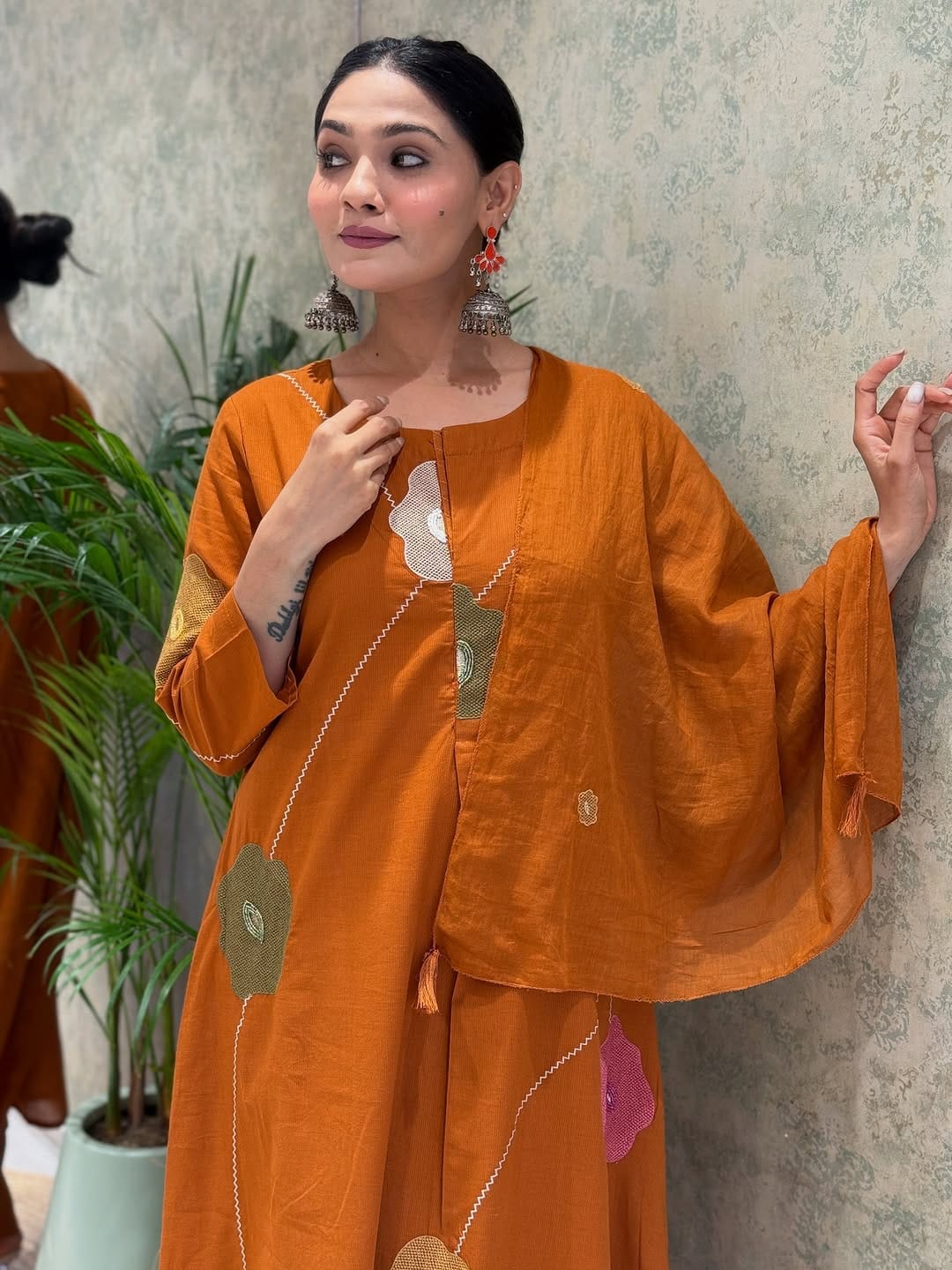 Women Rust Cotton Embroidery Floral Kurta Pant and Mulmul Dupatta set