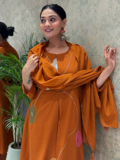Women Rust Cotton Embroidery Floral Kurta Pant and Mulmul Dupatta set