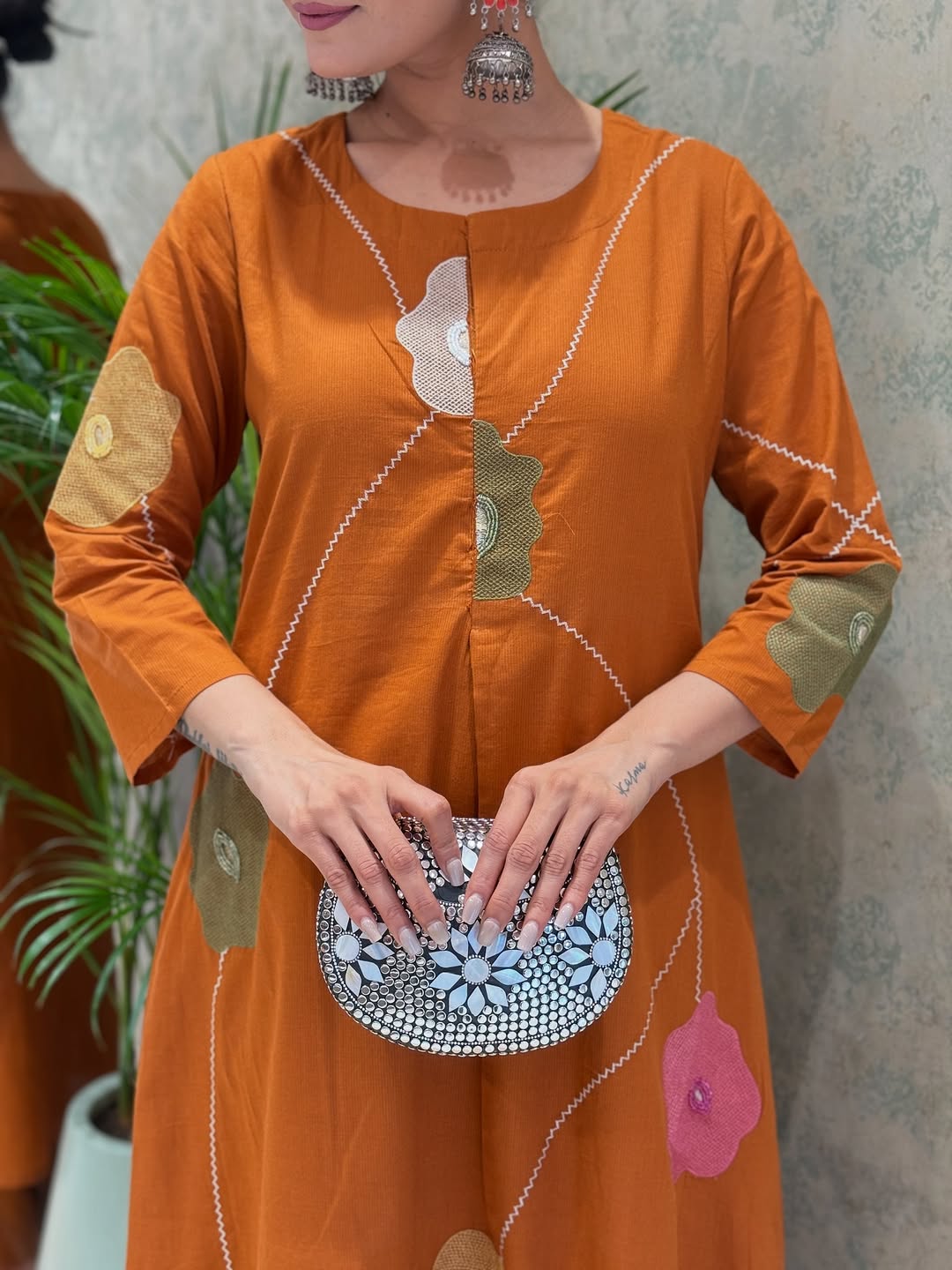 Women Rust Cotton Embroidery Floral Kurta Pant and Mulmul Dupatta set