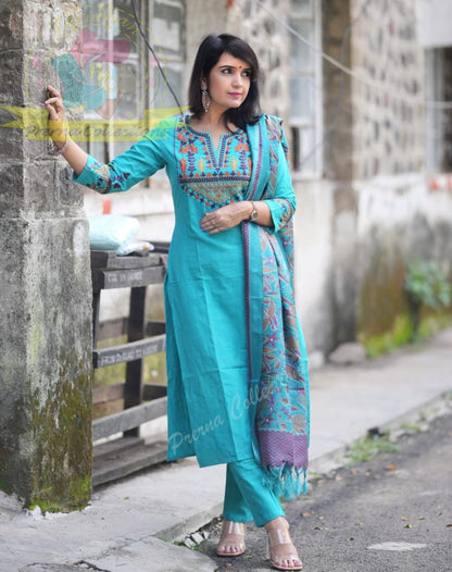 Handloom Embroidered Kurta Pant Set with Khadi Kantha Print