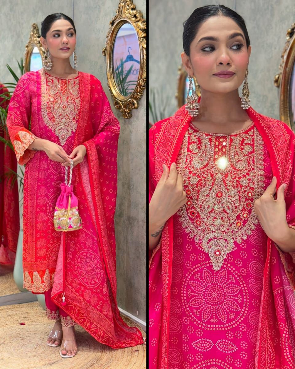 Designer Pink & Orange Bandhani Suit Set with Heavy Neck Embroidery