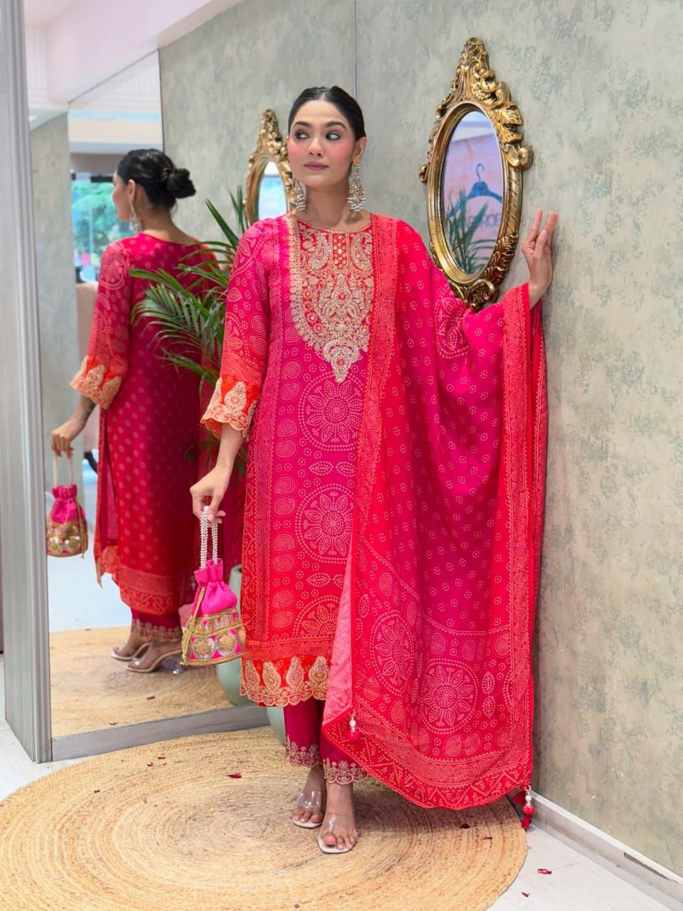 Designer Pink & Orange Bandhani Suit Set with Heavy Neck Embroidery